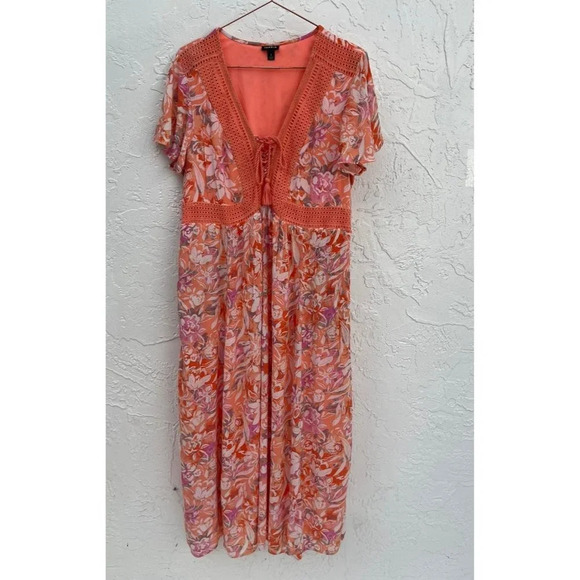 Torrid Womens V Neck Crinkle Gauze Lace Up Midi Dress Floral Orange Sz 1 - Picture 1 of 13